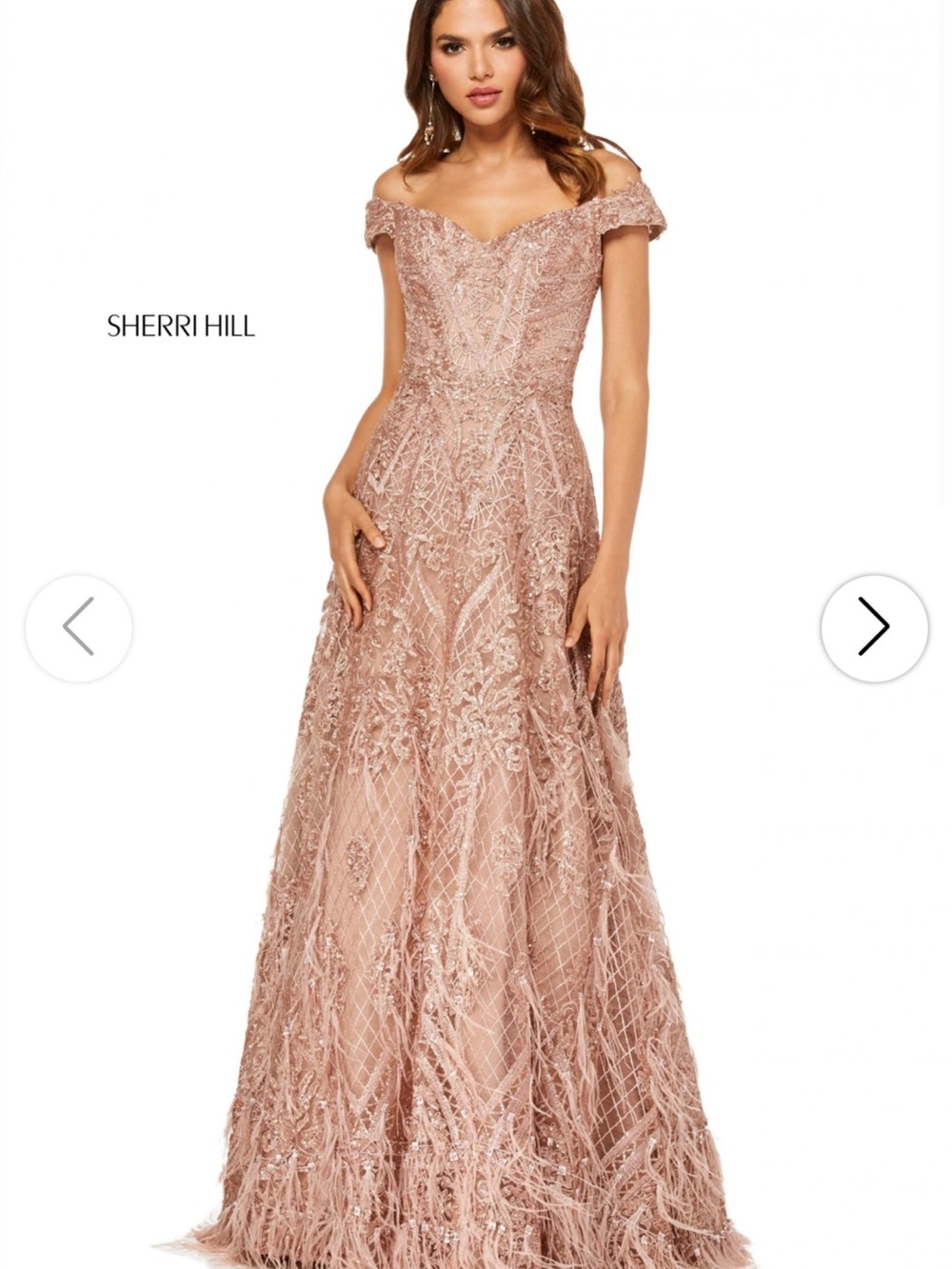 Sherri Hill Blush Feather-Trim Lace Evening Gown